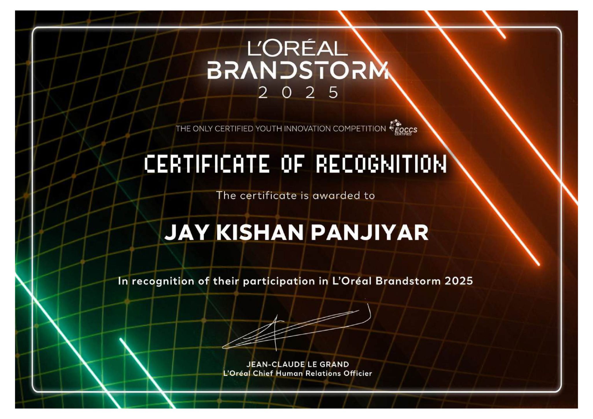 L'Oréal Brandstorm 2025 Certificate of Recognition for Jay Kishan Panjiyar