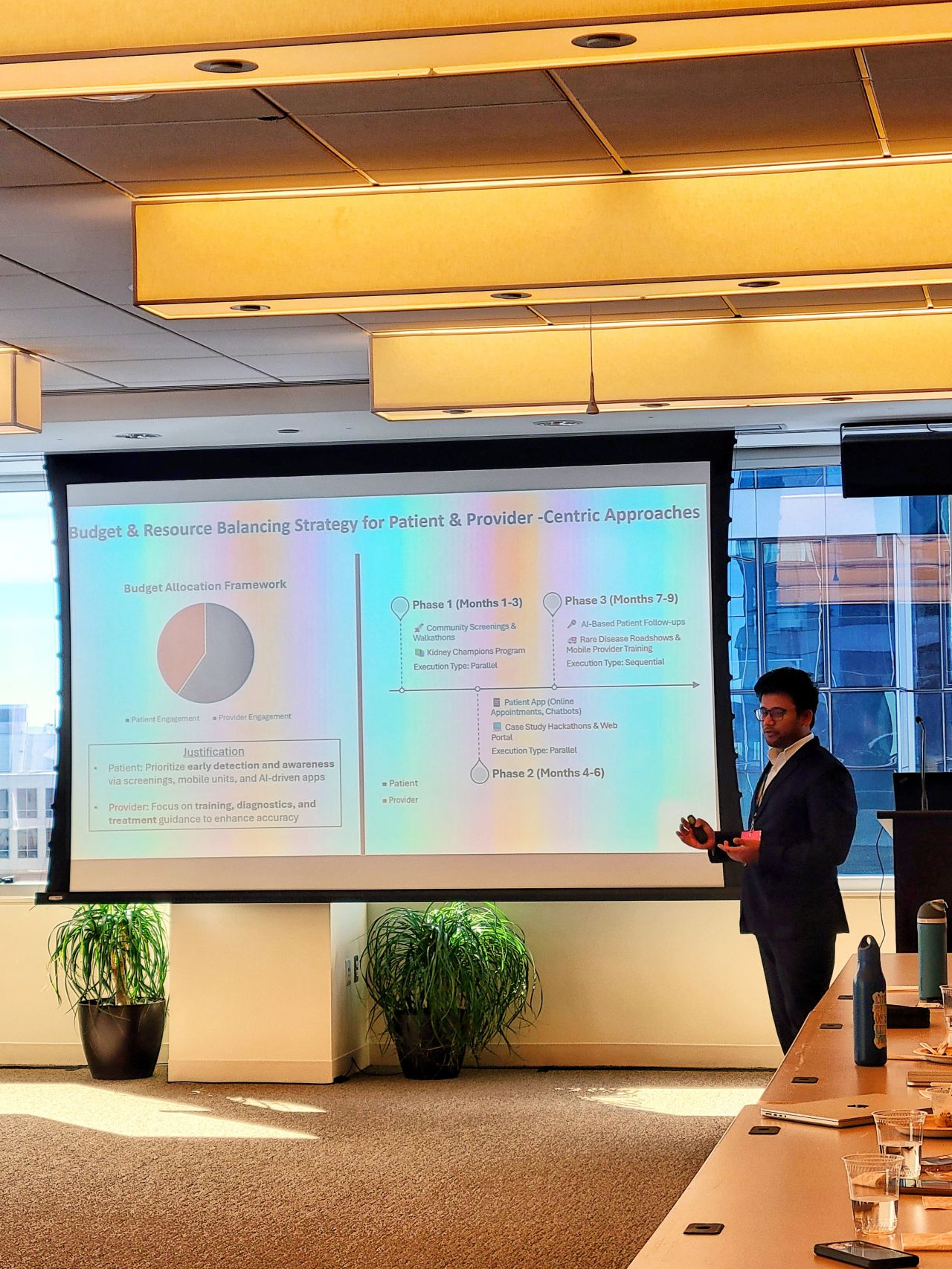 Student presenting a healthcare budget strategy slide at Vertex Pharmaceuticals