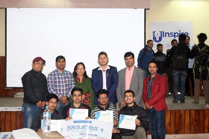 Group photo with hackathon winners and organizers at an Inspire Nepal event