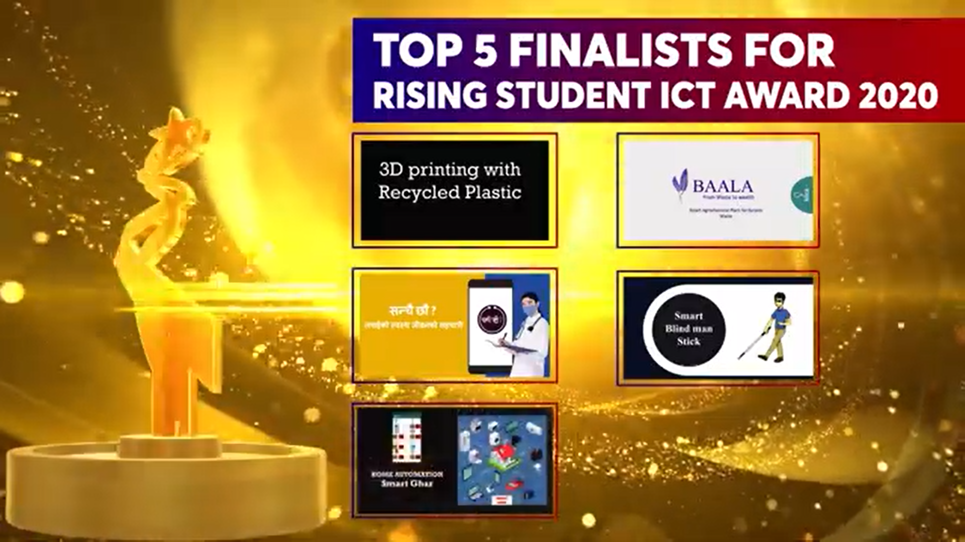 Screenshot showing Top 5 Finalists for Rising Student ICT Award 2020 including Baala project