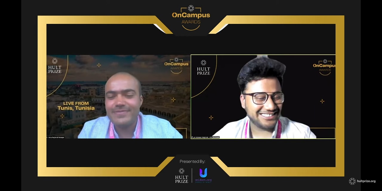Screenshot of Hult Prize OnCampus Awards announcing Jay as a Top 20 Campus Director